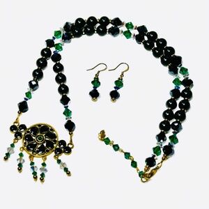 OOAK Artisan Necklace and Earrings, Black Bead Swarovski Green Goldtone